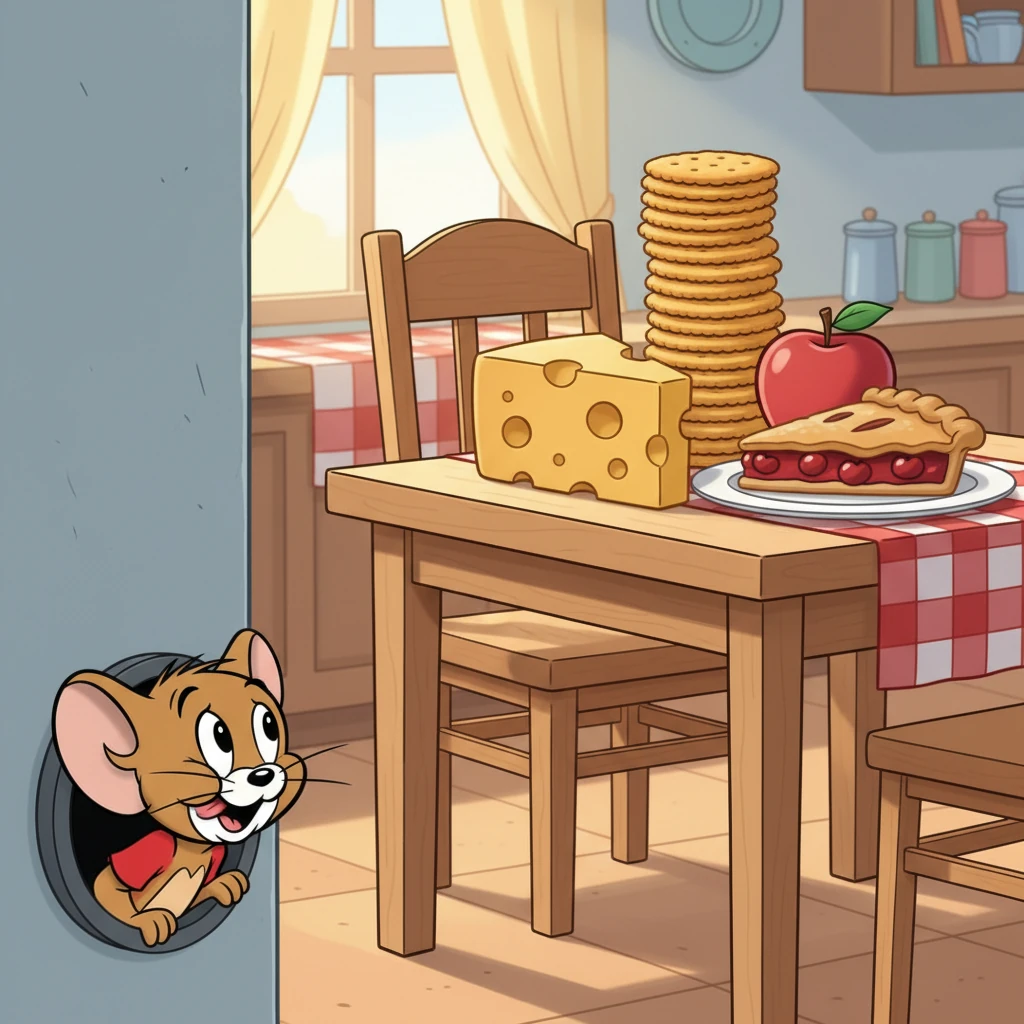 A tiny brown mouse, Jerry, peeks out from a nearby mouse hole, his eyes wide as saucers as he spots the delectable array of food. He licks his lips with exaggerated enthusiasm, already plotting his next move.