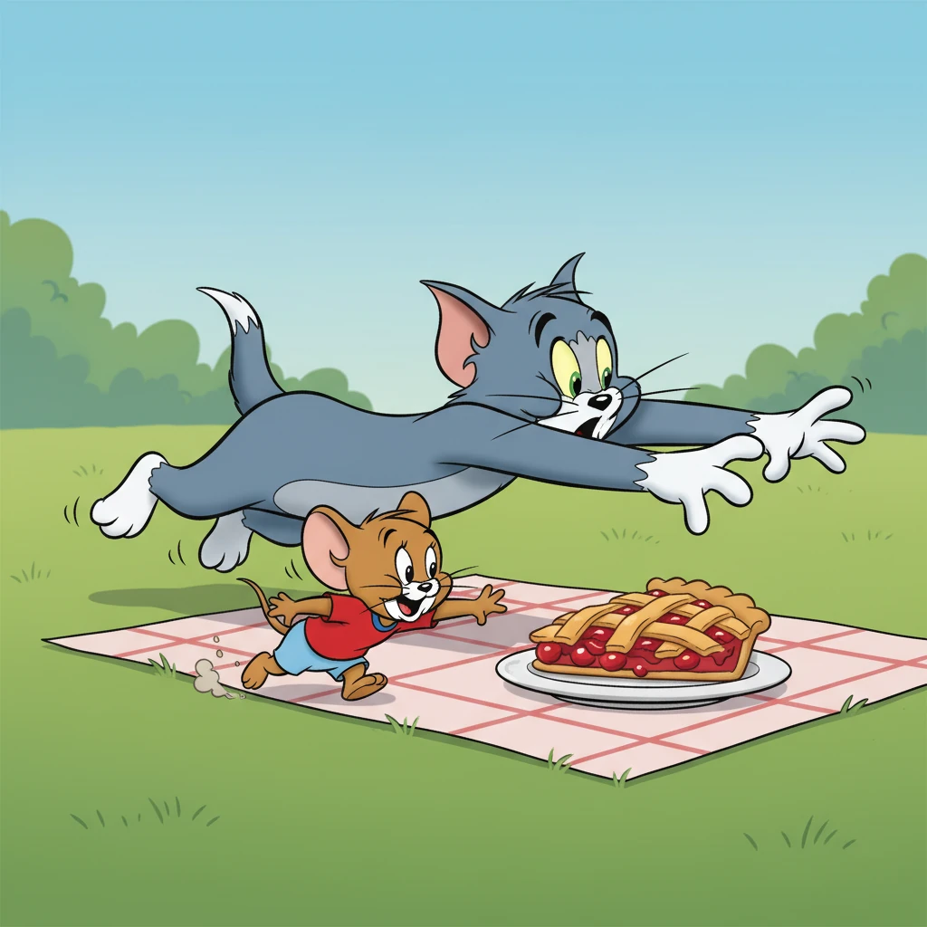 Jerry, with surprising speed, darts across the grass towards a tempting slice of cherry pie. Tom lets out a surprised 'Mrowl!' and lunges, his paw narrowly missing the tiny thief.