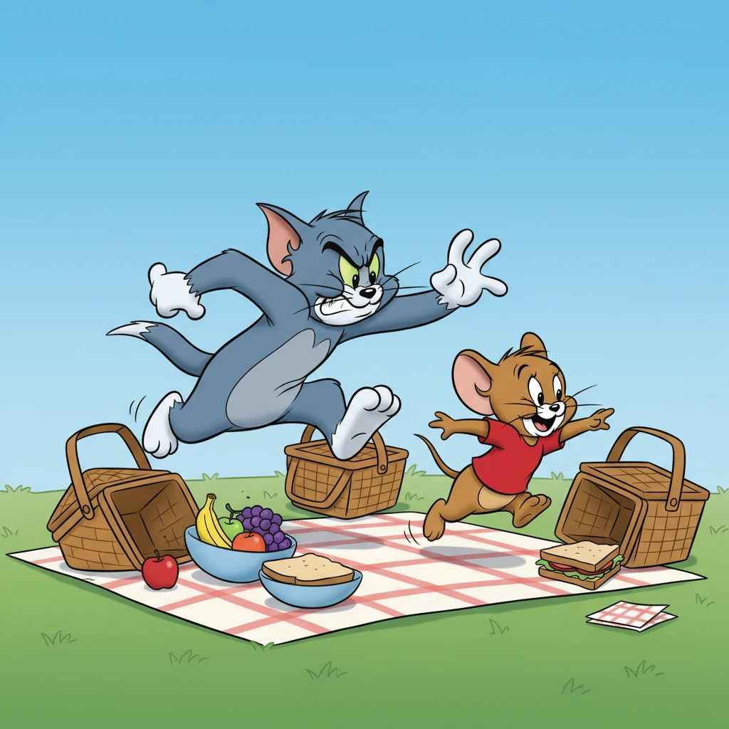 The chase is on! Tom, with a determined scowl, barrels after Jerry, who zig-zags playfully around picnic baskets and bowls of fruit, causing them to wobble precariously.