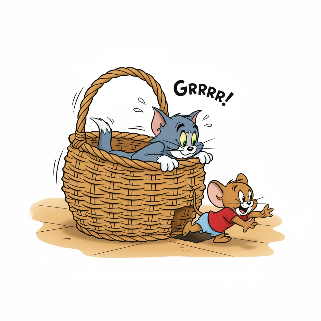 Tom attempts a cunning move, trapping Jerry under a large wicker basket, but Jerry, with a mischievous grin, slips out through a gap. Tom is left comically stuck, his frustrated 'Grrrr!' echoing from inside the basket.