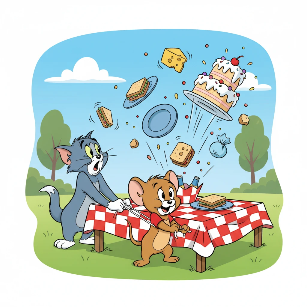 With a triumphant squeak, Jerry grabs a loose string from the tablecloth and yanks it with all his might. The entire picnic spread erupts, sending plates, sandwiches, and the grand cake flying into the air.