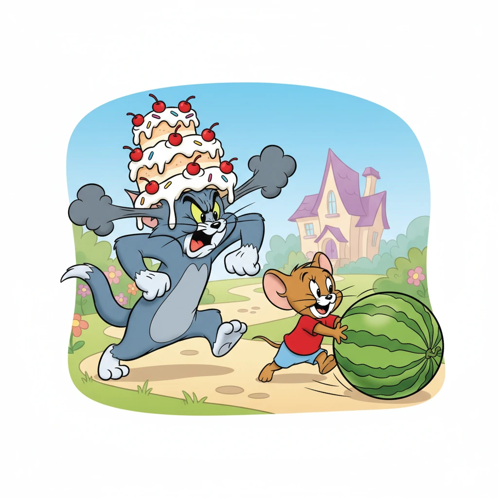 The grand cake lands squarely on Tom's head, covering him in frosting and cherries. He lets out a furious 'YOWWW!' and, now a walking disaster, renews his pursuit of the giggling Jerry, who is rolling a watermelon to use as a diversion.