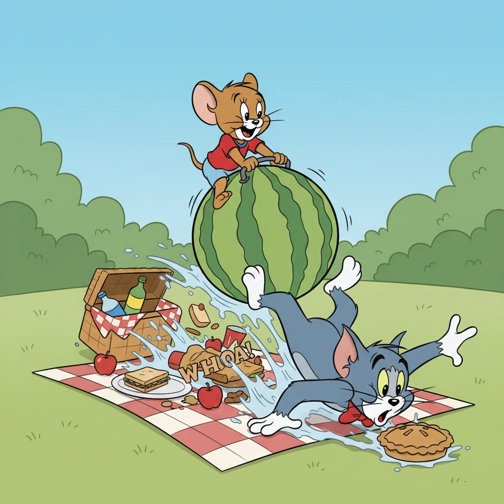 Jerry skillfully steers the watermelon, causing it to roll directly into Tom's path. Tom trips with a cartoonish 'WHOA!', tumbling head over paws into a chaotic pile of overturned picnic items, now a messy heap of food and fabric.