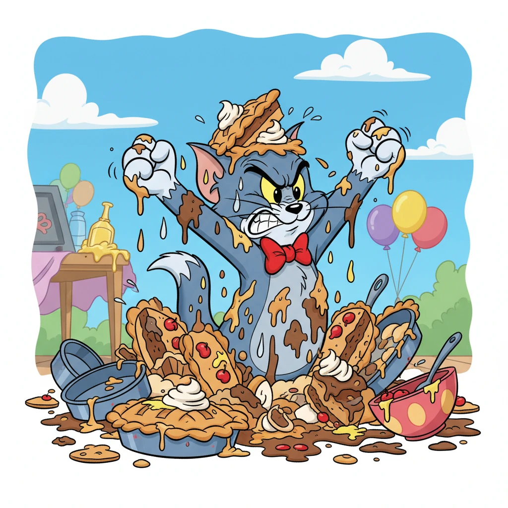 Covered in a sticky concoction of pie, cake, and various condiments, Tom emerges from the wreckage, shaking his fist at the sky with a dramatic, guttural 'BLARGH!', utterly defeated and frustrated.