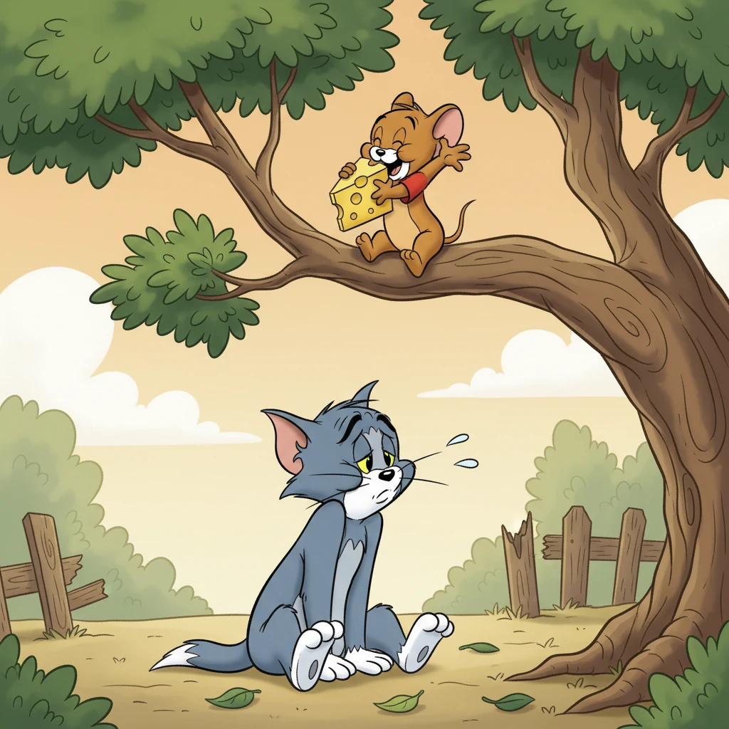 Jerry, perched high on a tree branch, happily munches on a large piece of cheese he managed to snatch during the chaos, waving a tiny, mocking farewell to the disheveled and defeated Tom below, who sighs dramatically.