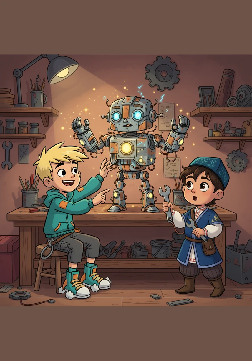 To Aidos's delight, the robot’s eyes glow with a soft blue light as it wakes up for the first time. Aidos names him Tulpar, and he is amazed to find that his creation can speak, move, and think just like a real friend.