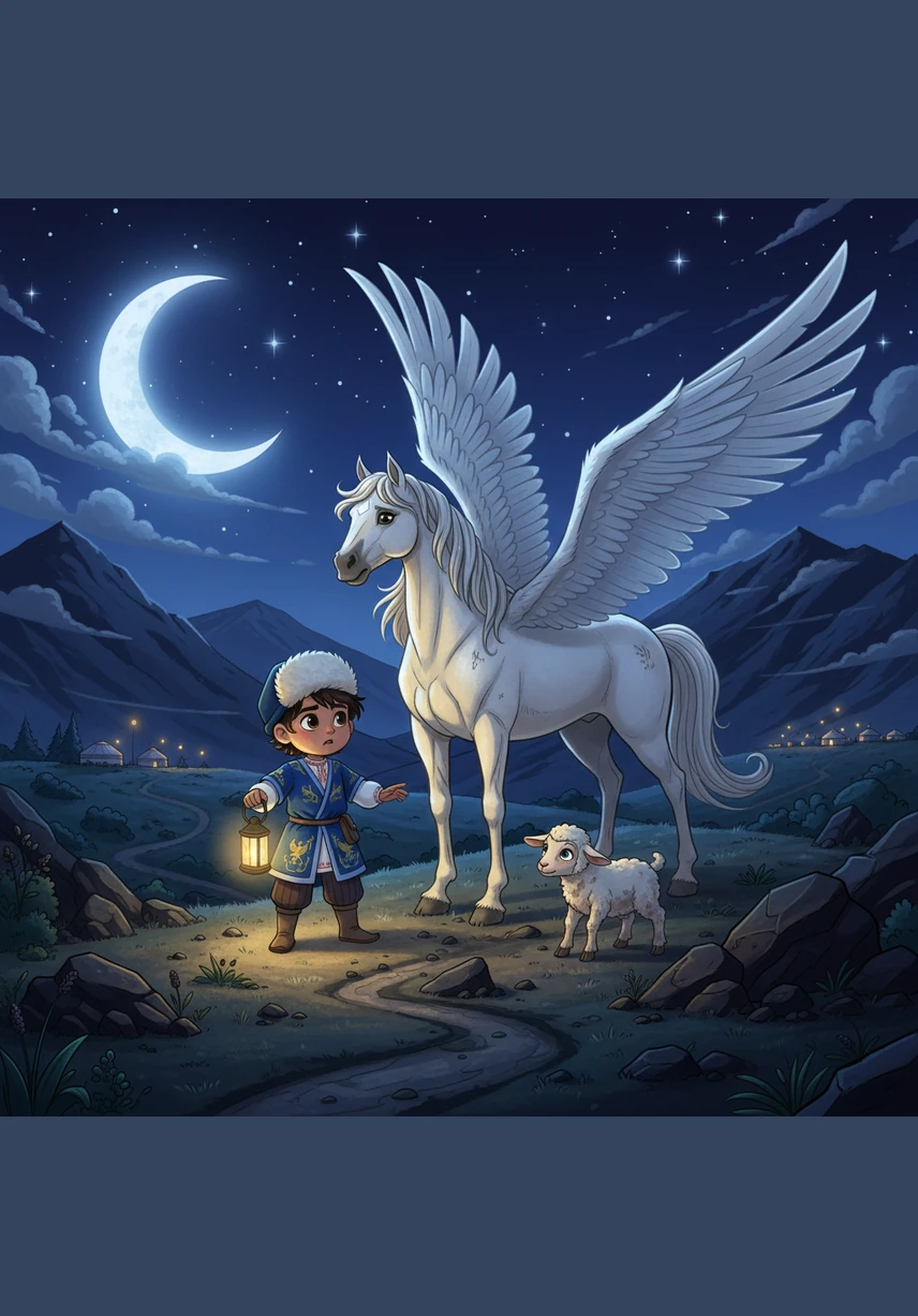 Tulpar switches on his powerful built-in searchlights, illuminating the dark path and revealing hidden tracks in the soft dirt. Aidos carefully analyzes the prints to determine exactly which direction the lamb wandered in the dark.