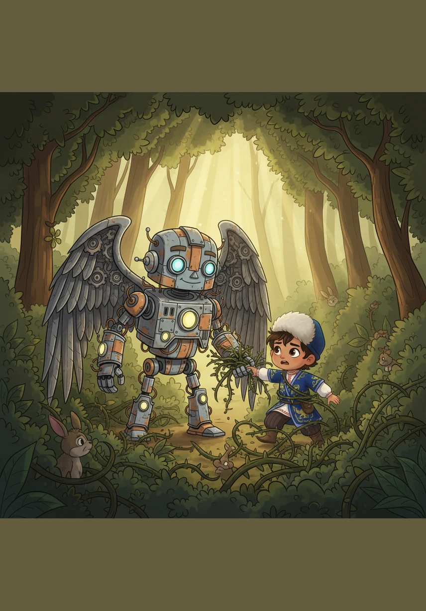Deep within the thicket, they find the frightened lamb shivering near a patch of sharp thorns. Tulpar uses his mechanical arms to gently clear a safe path while Aidos picks up the little animal to comfort it with a warm hug.