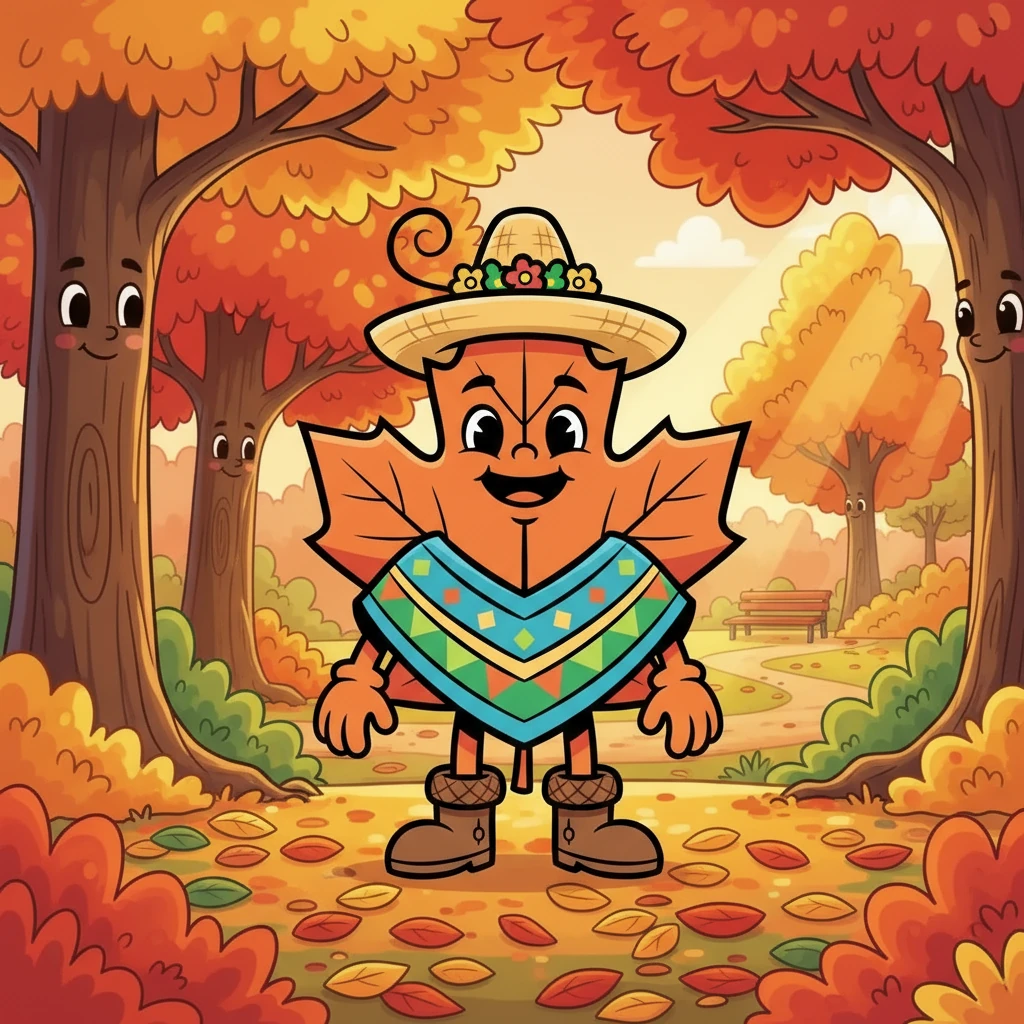 ¡Es otoño en el rincón! Den está en su rincón favorito del parque, rodeado de árboles y hojas. El sol brilla suavemente, calentando la escena.