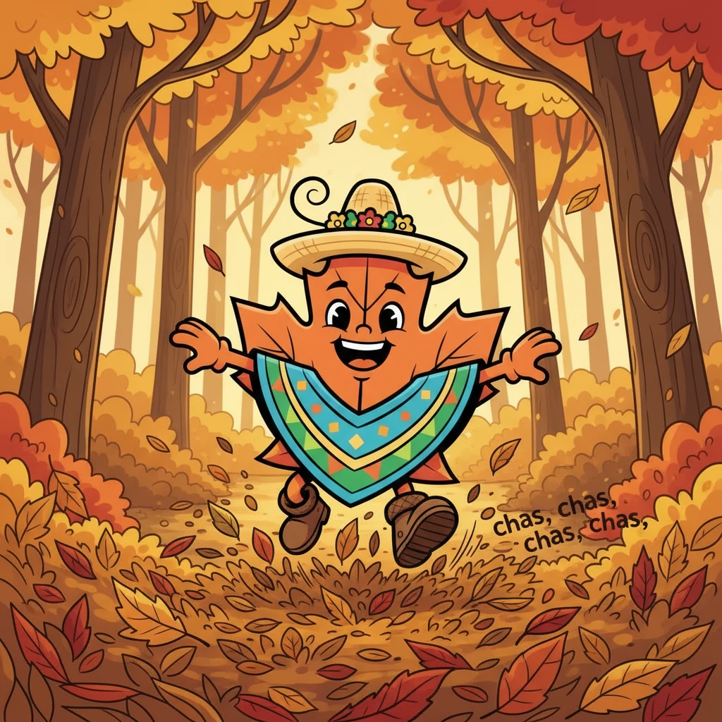 Chas, chas, chas... ¡a pisar! Den corre y pisa las hojas secas. El sonido crujiente llena el aire mientras disfruta de la textura bajo sus pies.