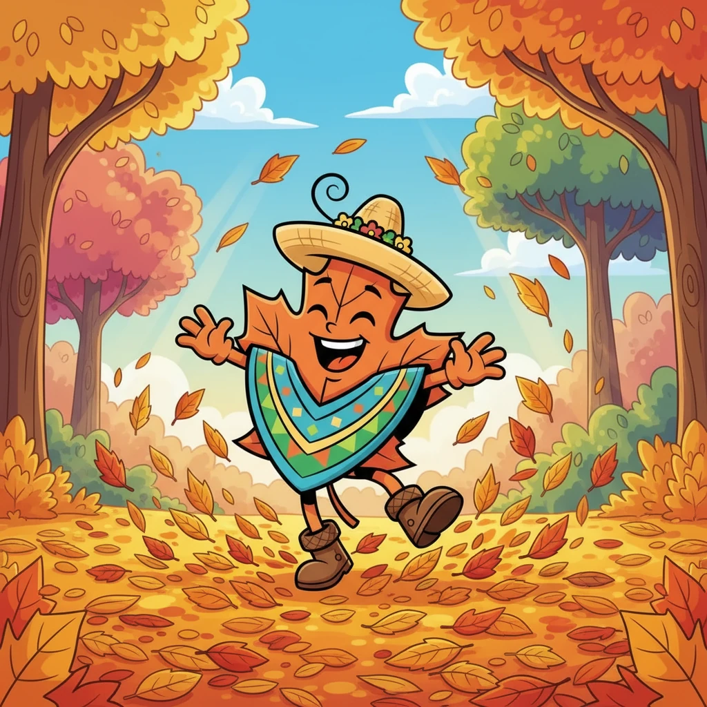 Chas, chas, chas... ¡a bailar! Den comienza a bailar entre las hojas. Gira, salta y se divierte, celebrando la llegada del otoño con alegría y libertad.