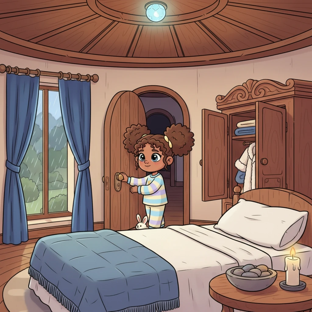 You gently push open the door to your sleeping chamber, and it swings inward with a soft, almost inaudible sigh, revealing a room bathed in a serene, ambient glow. The light here is even softer than the hallways, emanating from a small, glowing crystal set into the ceiling, casting a warm, comforting radiance throughout the space. The air within the room feels instantly welcoming, a little warmer, a little cozier, filled with a faint, clean scent of lavender and fresh linen. You step inside, your movements slow and deliberate, taking a moment to simply stand and absorb the peaceful atmosphere of your new sanctuary. The room is not grand, but perfectly proportioned, designed for comfort and quiet contemplation, a place where you can truly unwind. Your eyes drift to the large, comfortable bed in the center of the room, its crisp white sheets and soft, plump pillows inviting you to rest. A thick, woven blanket in soothing shades of deep blue and silver is folded neatly at the foot of the bed, promising warmth on a cool night. You walk over to the bed, your steps barely disturbing the silence, and gently place your hands on the cool, smooth fabric of the sheets. A subtle warmth seems to rise from the mattress, a gentle heat that promises to soothe away any lingering tension from your journey. You run your fingers along the soft edges of the pillow, imagining your head sinking into its plushness, feeling the day's thoughts slowly melt away. Near the bed, a small, round table holds a single, unlit candle, its wick patiently waiting, though the crystal light above makes it unnecessary for now. Next to the candle, a small, polished stone bowl is filled with smooth, cool river stones, each one a tiny piece of nature brought indoors, grounding and calming. You pick up one of the stones, feeling its cool, smooth surface against your palm, its weight a comforting presence in your hand. You gently place it back in the bowl, letting the soft click of stone against stone be the only sound in the quiet room. Your gaze then moves to the single tall window, framed by thick, velvety curtains that are currently pulled back, revealing the soft rain still falling outside. The window offers a glimpse of the academy gardens, now a blurred tapestry of greens and grays under the gentle shower, peaceful and undisturbed. You walk slowly towards the window, drawn by the mesmerizing rhythm of the rain, standing for a moment to simply watch and listen. The soft patter against the glass is a lullaby, a steady, soothing sound that fills the silence without ever intruding upon it. You press your palms flat against the cool glass, feeling the subtle vibration of each raindrop, a gentle connection to the world outside, yet safely separated. Your hands, which were cool upon arrival, now feel a pleasant warmth spreading through them, a testament to the cozy atmosphere of the room. You stay there for a long moment, watching the rain, letting its quiet persistence wash over you, clearing your mind. Then, with a gentle sigh, you turn from the window, ready to truly settle in for the night. You approach the small, carved wooden wardrobe in the corner, its dark wood gleaming softly in the crystal light. You open its doors, revealing a few neatly folded blankets and a soft, plush robe, waiting for you. You reach for the robe, pulling it out, feeling the soft, luxurious fabric against your skin. It feels warm and inviting, a perfect garment for quiet evenings and peaceful mornings. You take a moment, slowly, to slip into the robe, feeling its comforting weight settle around you, a soft embrace. The sensation is one of pure ease, of finally being able to relax completely, to let go of every last trace of the day. You move back to the bed, the soft fabric of the robe swishing gently with your movements, and slowly, carefully, you pull back the covers. The sheets feel cool and crisp against your fingertips, a refreshing invitation. You settle yourself onto the bed, letting your body sink into the soft mattress, feeling the cushions conform to your shape. You pull the thick blanket up over you, tucking it gently around your shoulders, feeling its warmth instantly envelop you. The pillows beneath your head are soft and yielding, cradling you gently, easing any tension from your neck and shoulders. You lie there, perfectly still, listening to the soft, rhythmic patter of the rain outside your window, a constant, gentle companion. The crystal light above dims slightly, casting even softer shadows, preparing the room for deep sleep. Your breathing deepens, becoming slow and even, matching the rhythm of the falling rain. You close your eyes, feeling the warmth of the blankets, the softness of the bed, the gentle peace of the room. Every muscle in your body begins to relax, one by one, releasing all tension, all worry, all thought. You feel safe, you feel warm, you feel completely at peace in your quiet sanctuary. The gentle magic of the academy surrounds you, a protective, comforting presence. As the rain continues its soft lullaby, you drift deeper and deeper into a calm, peaceful slumber, knowing you are exactly where you are meant to be. Sleep comes easily, a soft, welcoming embrace, carrying you away on gentle currents of tranquility, deeper and deeper into a restful night.