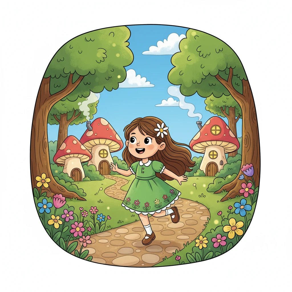Lily Petal skipped through her cozy forest village, humming a happy tune. A vibrant cartoon scene shows Lily, a small girl with a flower in her hair and wearing a green dress, skipping on a winding path. Mushroom-shaped houses with glowing windows dot the background, surrounded by oversized, friendly-looking trees. The path is lined with colorful, whimsical flowers. Lily skips and hums.