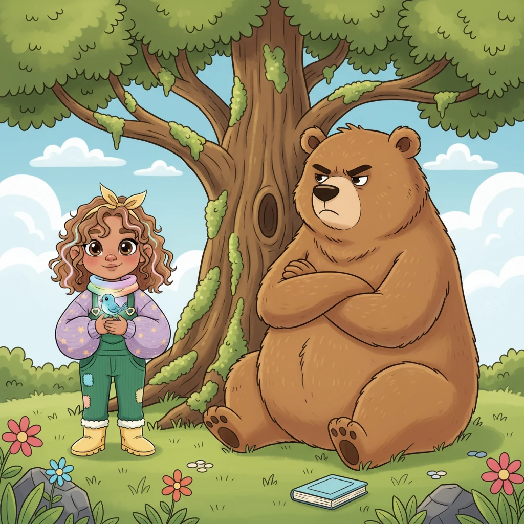 She spotted Barnaby Bear, looking quite grumpy, sitting under a big oak tree. Barnaby Bear, a large, fluffy brown bear with a slightly furrowed brow, is sitting with his back against a massive, ancient oak tree. His arms are crossed, and a small, half-eaten book lies beside him. The tree has glowing moss on its trunk. Barnaby sits grumpily.