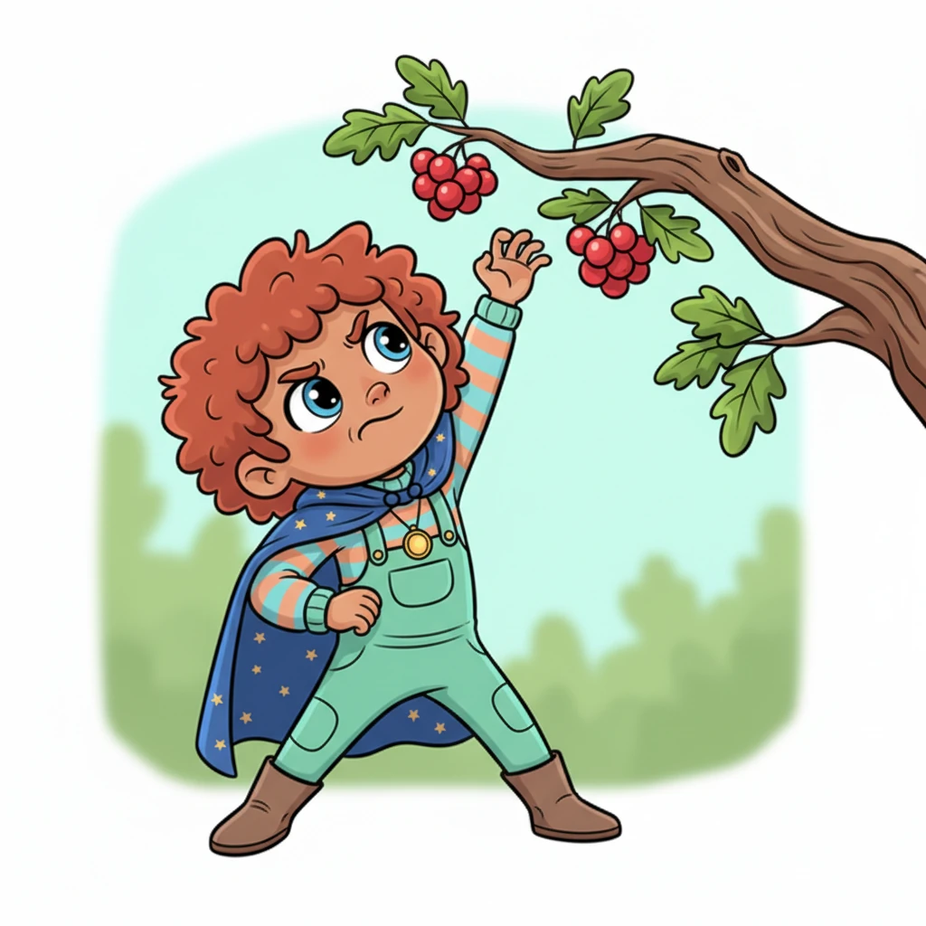 Barnaby grumbled as he tried to reach a juicy, red berry high on a branch. Barnaby stretches a large paw upwards, straining to reach a cluster of bright red, plump berries hanging just out of his grasp on a low-hanging branch of the oak tree. His expression is one of frustration. "Grrr," he mutters. Barnaby stretches and grumbles.
