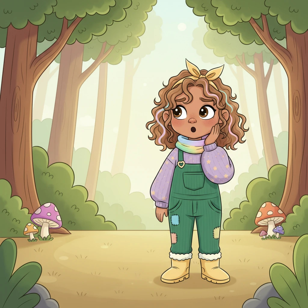 Lily saw his sad face and decided she wanted to help her friend. Lily stands a little distance away, her face showing gentle concern as she watches Barnaby. Her hand is softly placed on her cheek, and her brow is slightly furrowed, thinking. A soft "Aww..." escapes her lips. Lily observes with concern.