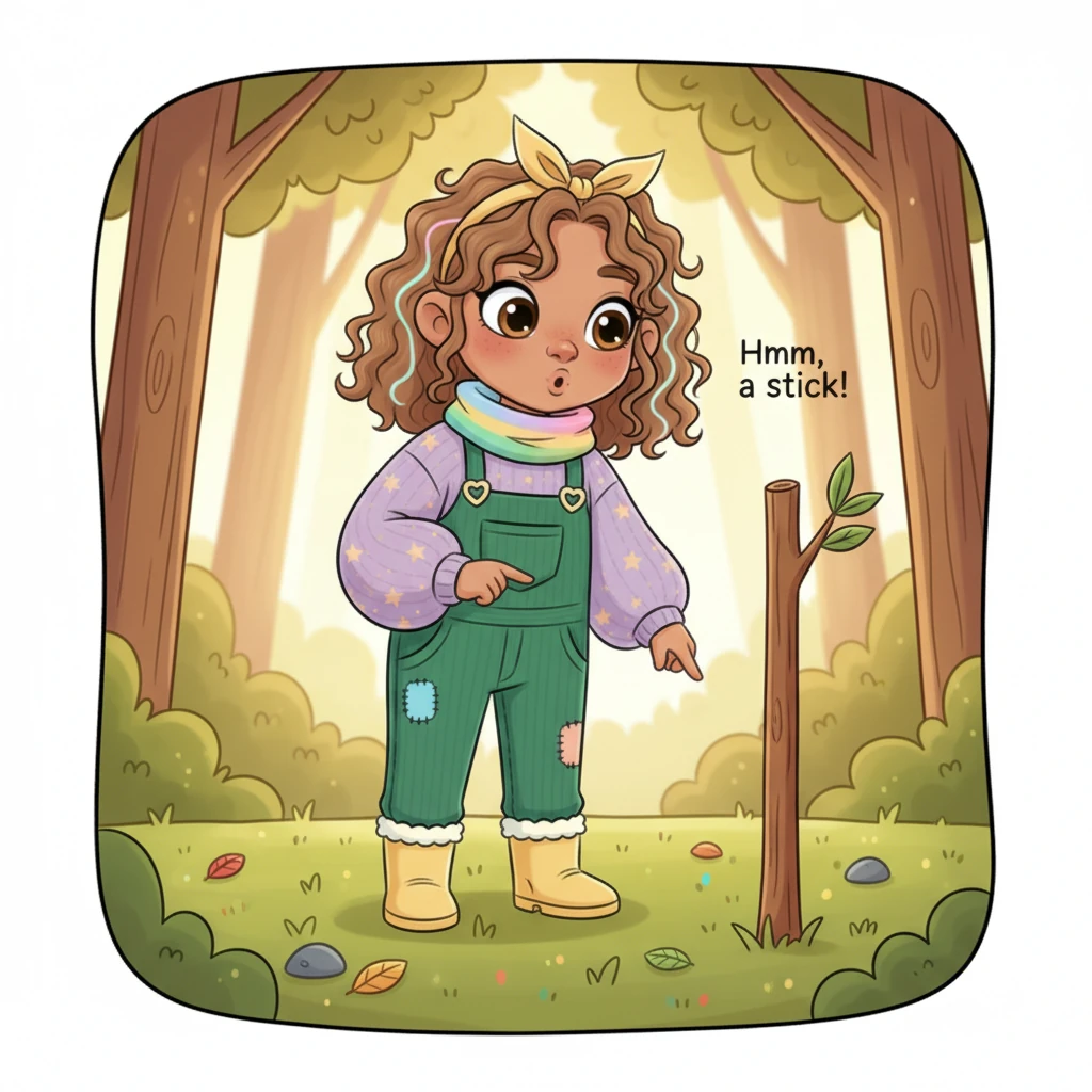"Hmm, a stick!" she whispered, spotting a long, sturdy branch nearby. Lily's eyes sparkle as she spots a long, smooth stick lying on the ground near her feet. The stick is a warm brown, with a few green leaves still attached. She points at it with a small, determined finger. Lily spots the stick and whispers.