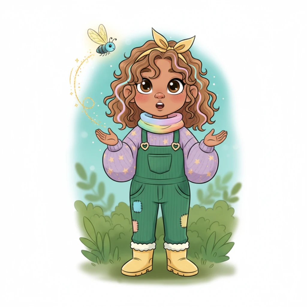 Just then, Sparklewing the firefly zoomed past, twinkling brightly. A tiny, glowing firefly named Sparklewing, with shimmering golden wings and a soft blue body, zips into the scene. A trail of sparkling light follows her, making a soft "whoosh" sound. She hovers playfully near Lily's head. Sparklewing zooms and twinkles.