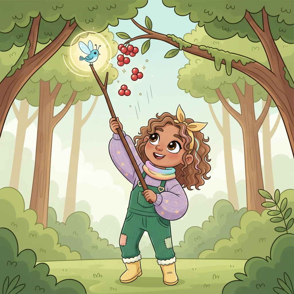 With a little magical help, Lily used the stick to gently nudge the berry down. Lily holds the stick, guided by Sparklewing who is perched on the end, making it glow softly. The stick extends up, and with a gentle "tinkle" sound, it nudges the cluster of red berries from the branch. The berries tumble down towards Lily. Lily nudges the berries with the glowing stick.