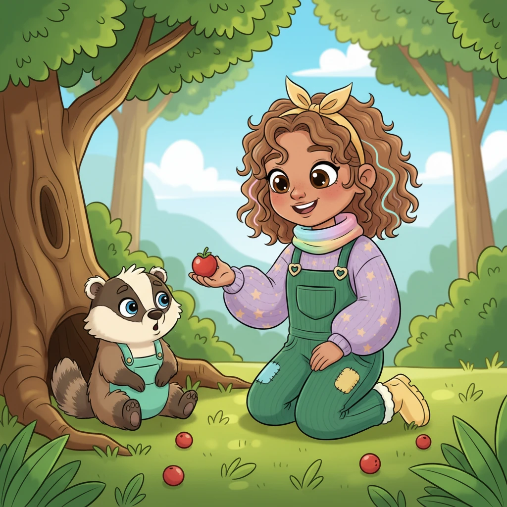 She carefully picked up the biggest berry and offered it to Barnaby. Lily holds a plump, perfect red berry in her small hand, her face beaming with a kind smile. She holds it out towards Barnaby, who looks up from under the tree, his grumpy expression beginning to soften. "For you!" she says. Lily offers the berry.