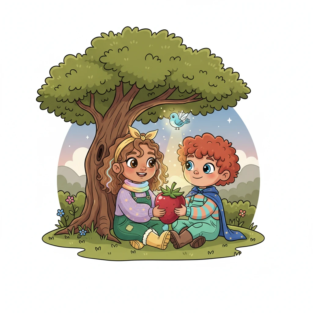 They shared the sweet berry, feeling warm and cozy inside, knowing kindness makes everything brighter. Lily and Barnaby are sitting together under the oak tree, happily sharing the big red berry. Sparklewing hovers above them, casting a warm, magical glow. Both Lily and Barnaby have contented smiles, and a feeling of warmth and friendship fills the air. "Yum!" they both say. Lily and Barnaby share the berry and smile.