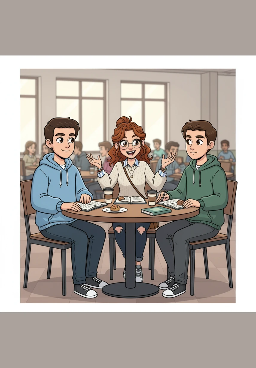 I spot my friends Jaxson, Lila, and Maxwell at our usual corner table, a small island of familiarity in the crowded, noisy room. Jaxson catches my eye and offers a small, knowing smile, while Lila is already mid-sentence, her hands moving wildly as she speaks with infectious energy.