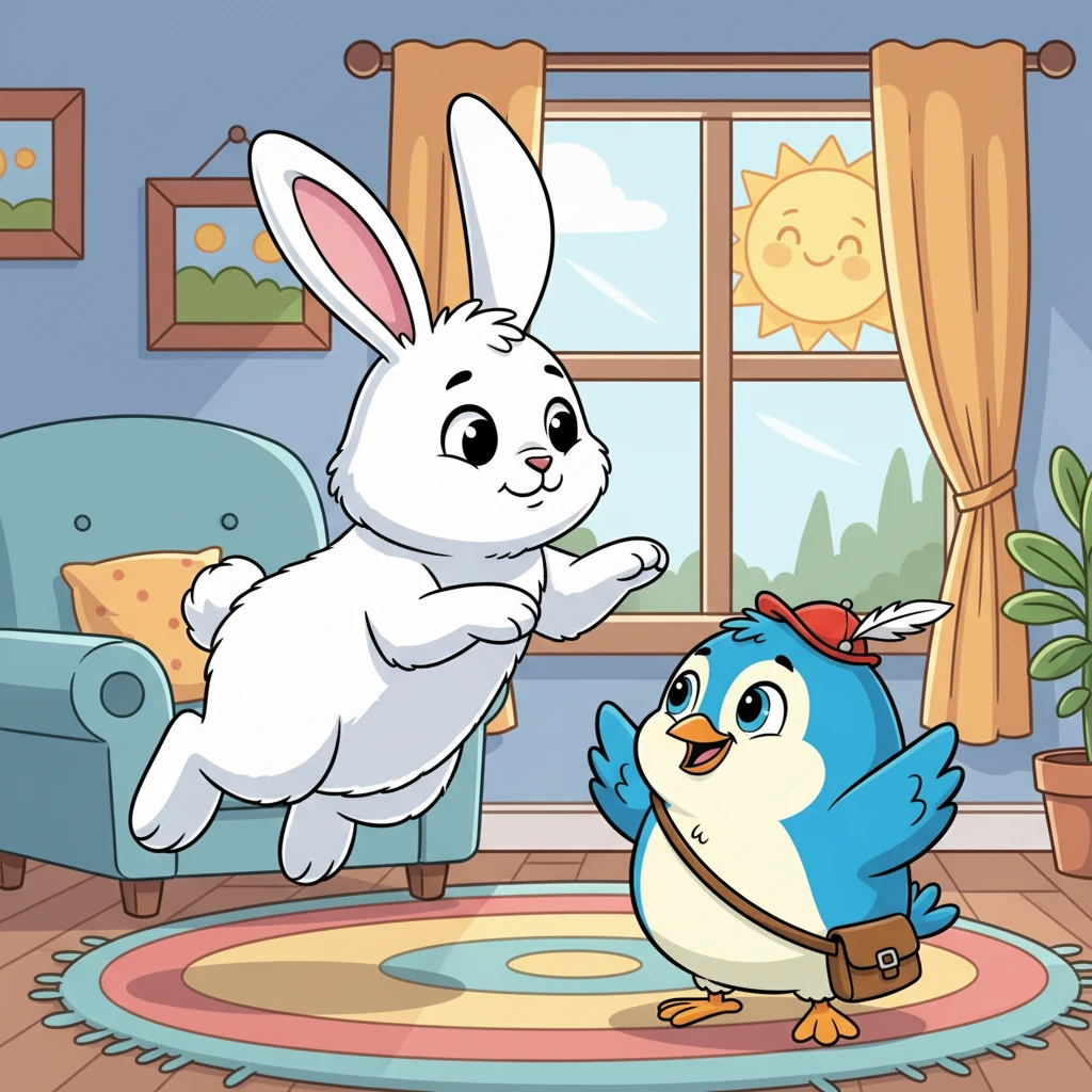 Im Wohnzimmer entdeckte Tier ein großes Kaninchen. Das Kaninchen hatte lange Ohren und sprang sanft durch den Raum. Es war sehr lieb und kuschelig.