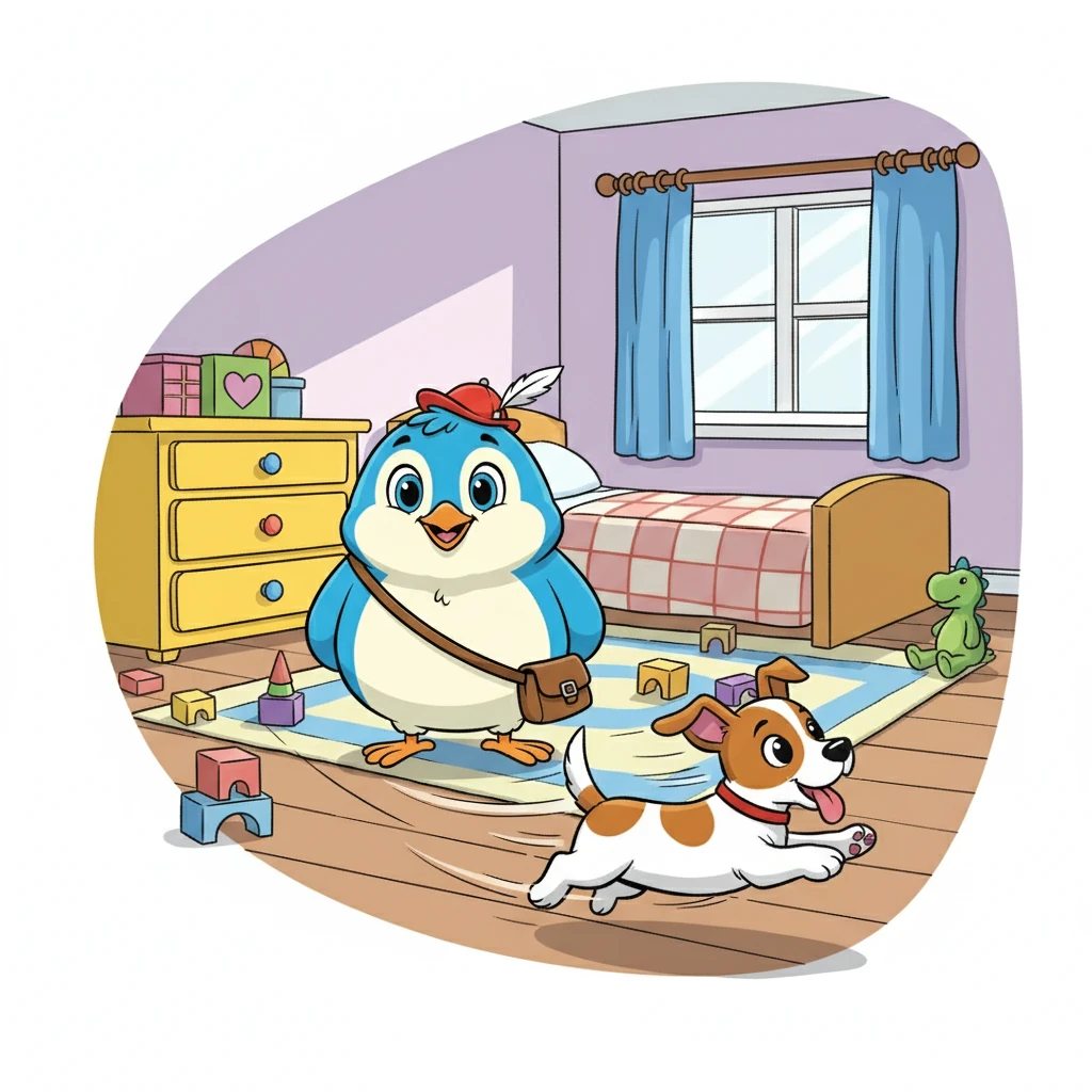 Plötzlich rannte ein kleiner, schneller Hund durch das Zimmer! Der Hund war voller Energie und rannte umher. Tier fand den Hund sehr stark.