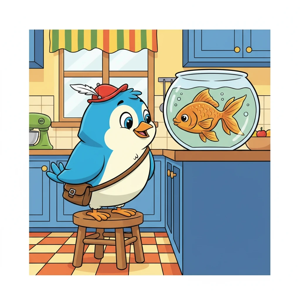 In der Küche entdeckte Tier einen Goldfisch. Der Goldfisch schwamm langsam und elegant in seinem Aquarium. Tier beobachtete ihn fasziniert.