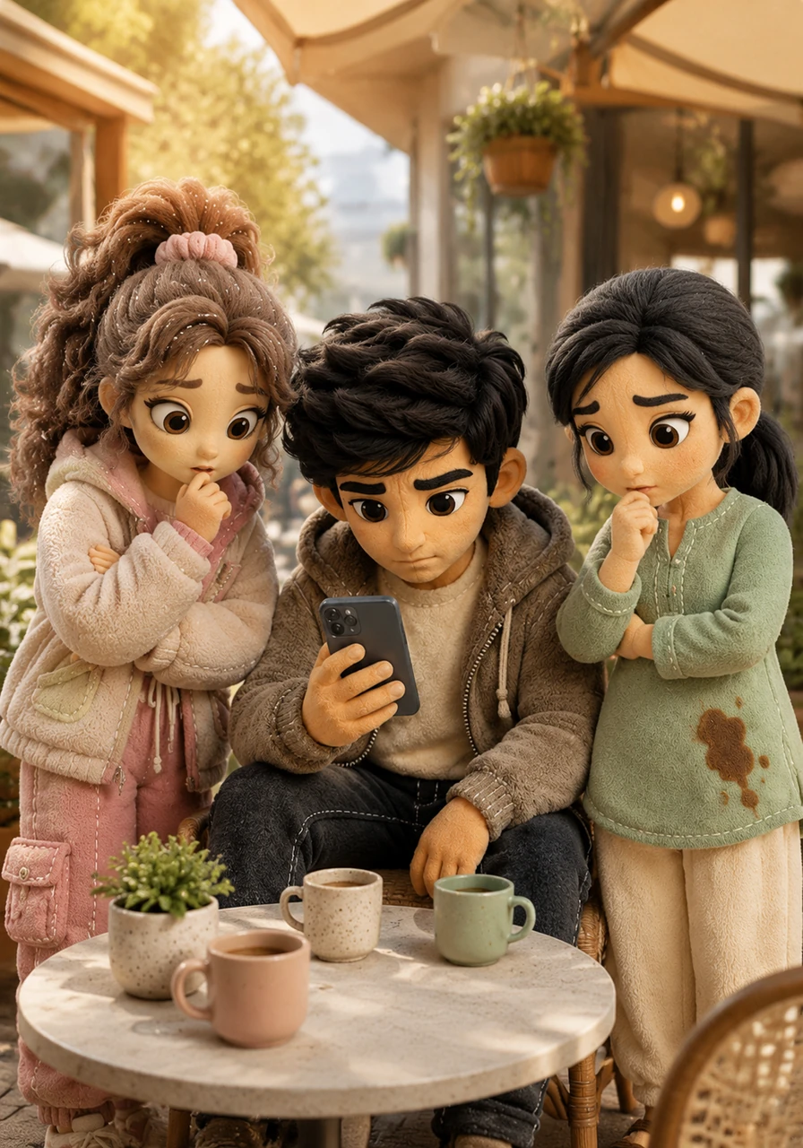 Rahul, Zeel, and Smriti sit on a modern, sunlit cafe patio on a Saturday morning, staring intensely at a newly updated digital menu on Rahul's smartphone. The prices of their favorite gourmet samosas have spiked significantly due to recent inflation, casting a somber mood over the three seventeen-year-olds.