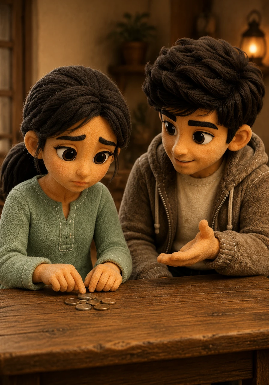 Zeel counts her limited allowance money on the wooden table, realizing her purchasing power has dropped. Rahul explains that their desire for the snacks hasn't changed, but their ability to pay at this high price point means their individual demand has fallen.