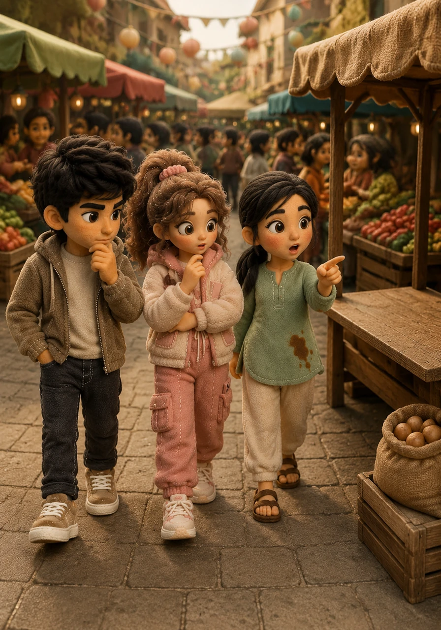 The friends walk over to a bustling local market square where several street vendors are competing for customers. They notice that the vendor with the highest prices has a completely empty stall, perfectly illustrating the law of demand where higher prices lead to lower quantity demanded.