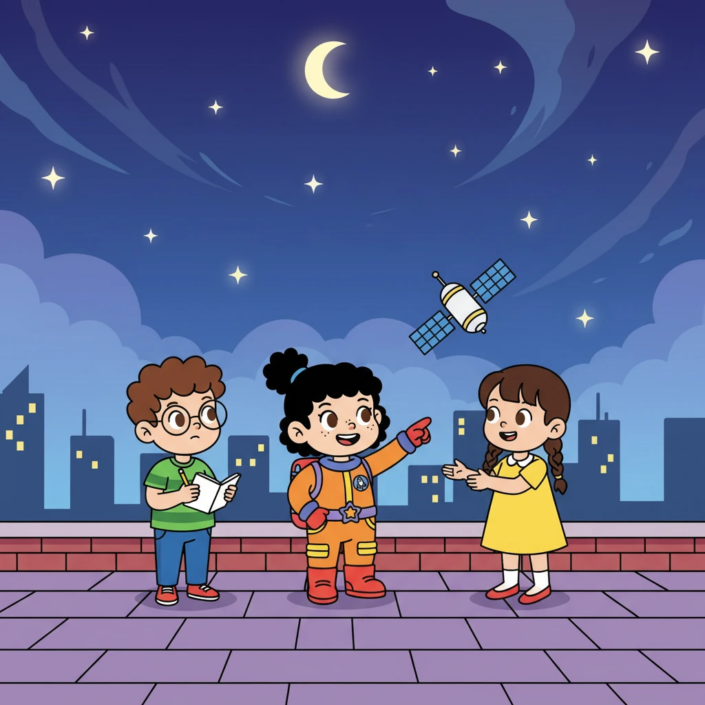 That afternoon, the friends gathered on a rooftop, gazing at the sky. Xiao Yu pointed, “Imagine all the amazing things up there!” Mei Mei, ever the scientist, began to explain about satellites and space exploration. Doudou, already sketching in his notebook, added, “Let’s build a model!”