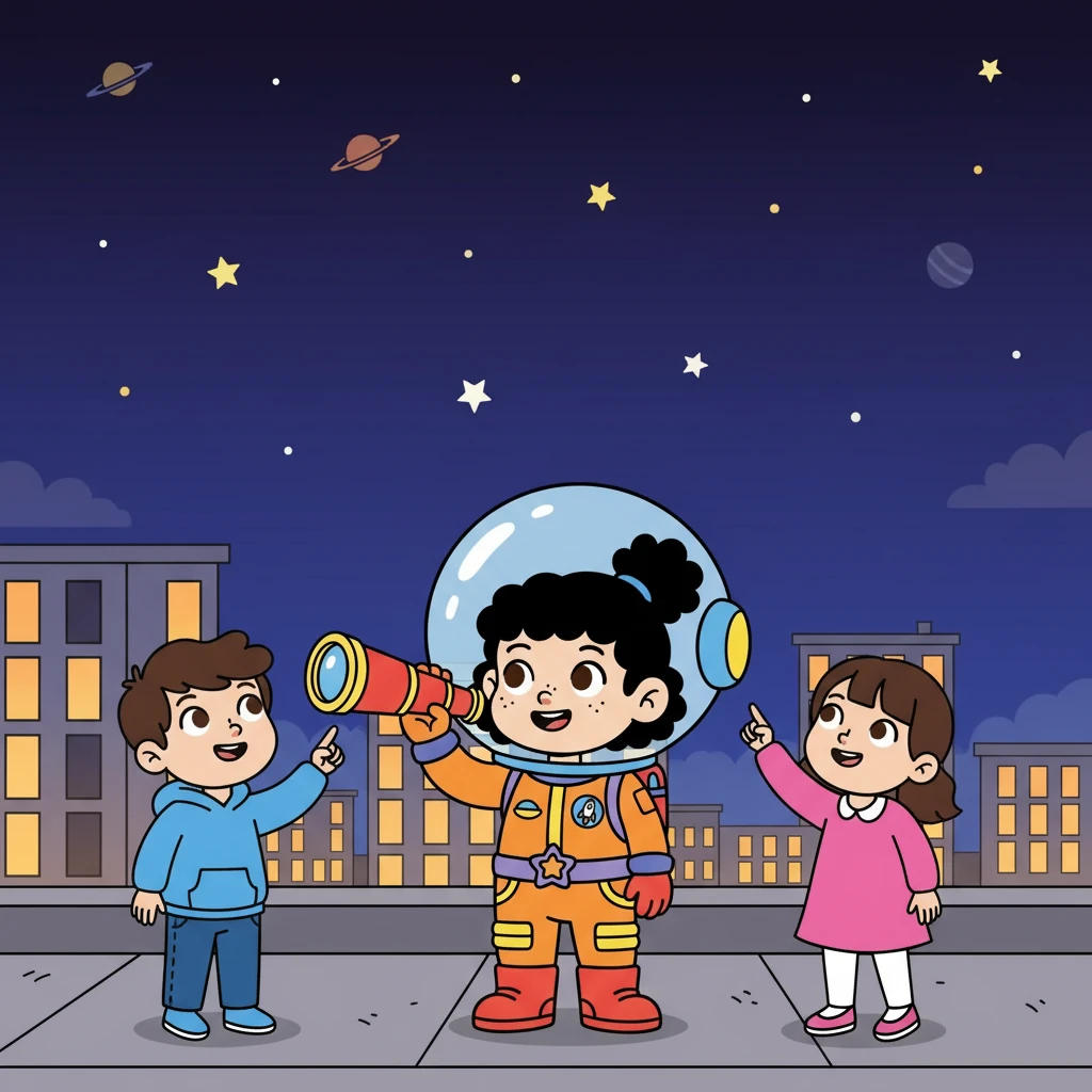 Art Style: Soft picture-book illustration, warm colors, gentle textures. Characters: Xiao Yu, Mei Mei, and Doudou looking up at the sky. Environment: A rooftop with a clear view of the night sky, with a few buildings in the background.