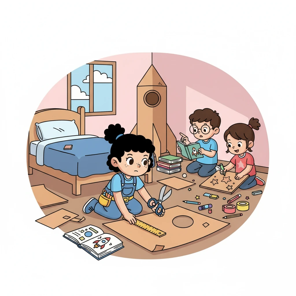 Back in Doudou's room, they started to build. Doudou, with his tool belt, carefully measured and cut cardboard. Mei Mei consulted science books, making sure their model looked accurate. Xiao Yu, full of ideas, drew starry patterns to decorate the cardboard spaceship.