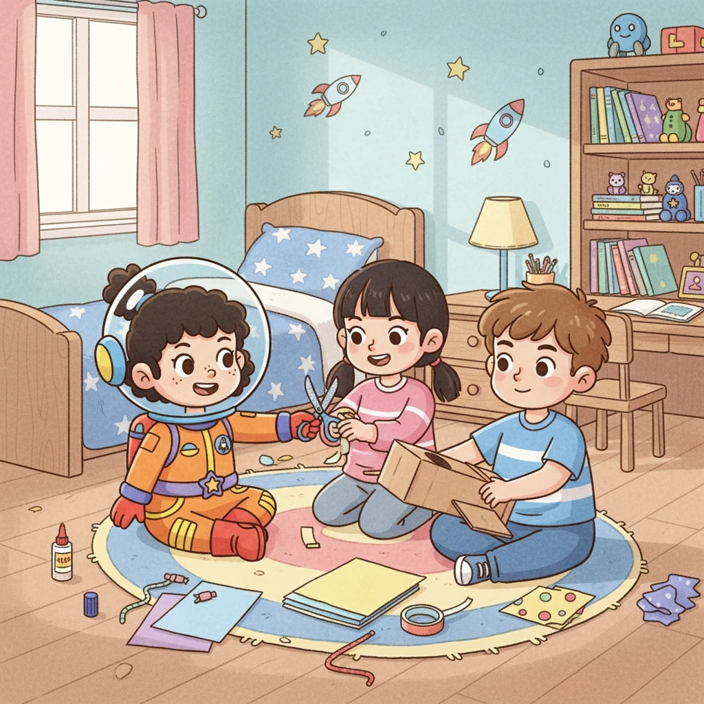 Art Style: Soft picture-book illustration, warm colors, gentle textures. Characters: Xiao Yu, Mei Mei, and Doudou working together. Environment: Doudou’s bedroom, with craft supplies scattered around.