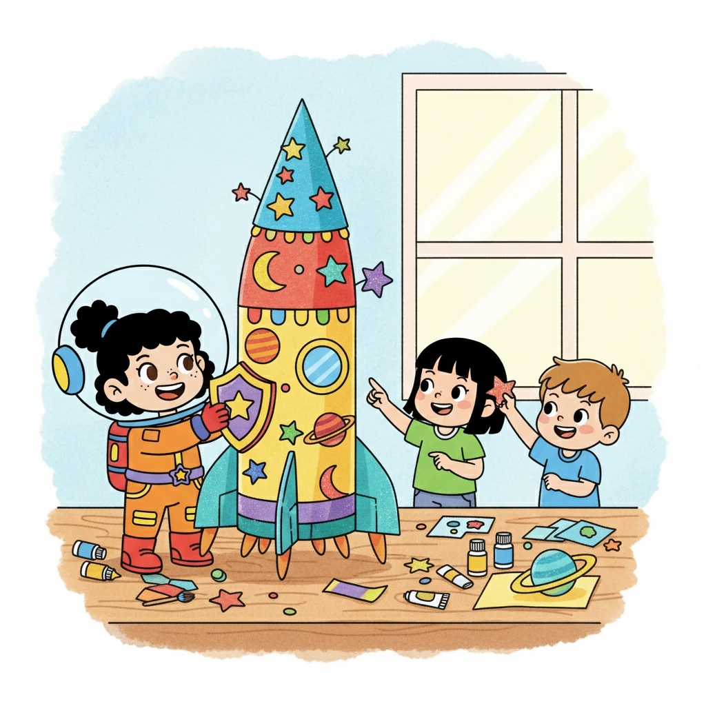 They spent hours working, their faces lit up with enthusiasm. Mei Mei explained how the spaceship would need a protective shield, just like the real space station. Xiao Yu added colorful stars and planets, making their model look even more amazing.