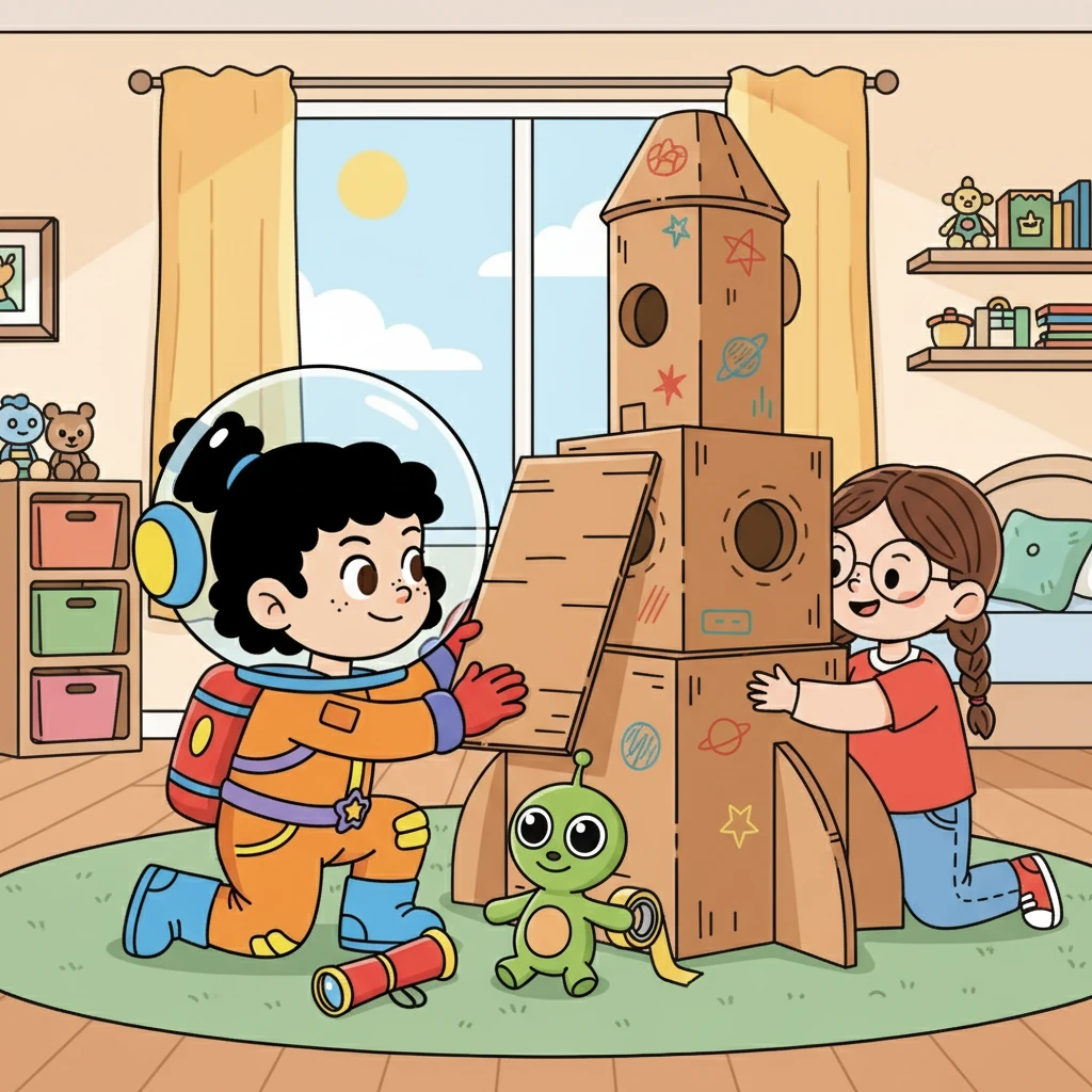 As they worked, Xiao Yu remembered the news about the space debris. “Maybe we can make our spaceship extra strong, just in case!” he suggested. Mei Mei agreed, and Doudou quickly found some extra cardboard to reinforce the ship's structure.
