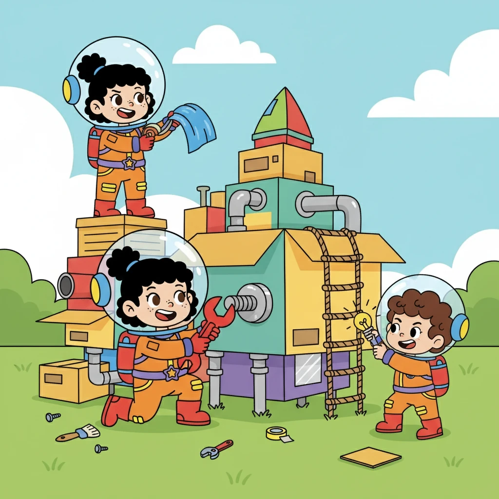 Art Style: Soft picture-book illustration, warm colors, gentle textures. Characters: Xiao Yu, Mei Mei, and Doudou, looking determined. Environment: The model spaceship is taking shape, with the children adding reinforcements.