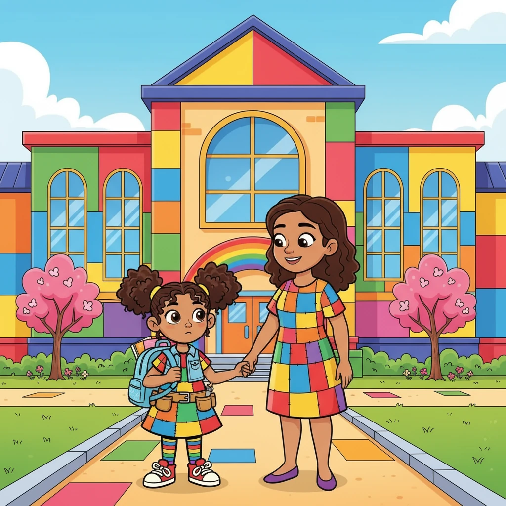 Maya's mom walked her to the big, colorful school building. Maya clutched her brand-new backpack, filled with fresh pencils and a sparkly notebook. She took a deep breath as they approached the entrance.