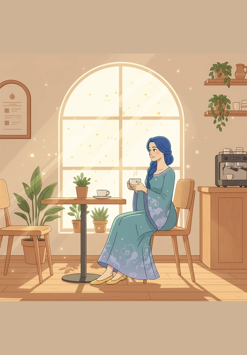 Elena steps into the sun-drenched coffee shop, where the scent of freshly ground beans and the soft hum of conversation create an atmosphere of refined comfort. She chooses a seat by the floor-to-ceiling windows, feeling the warmth of the afternoon sun against her skin as she settles into a deep velvet chair.