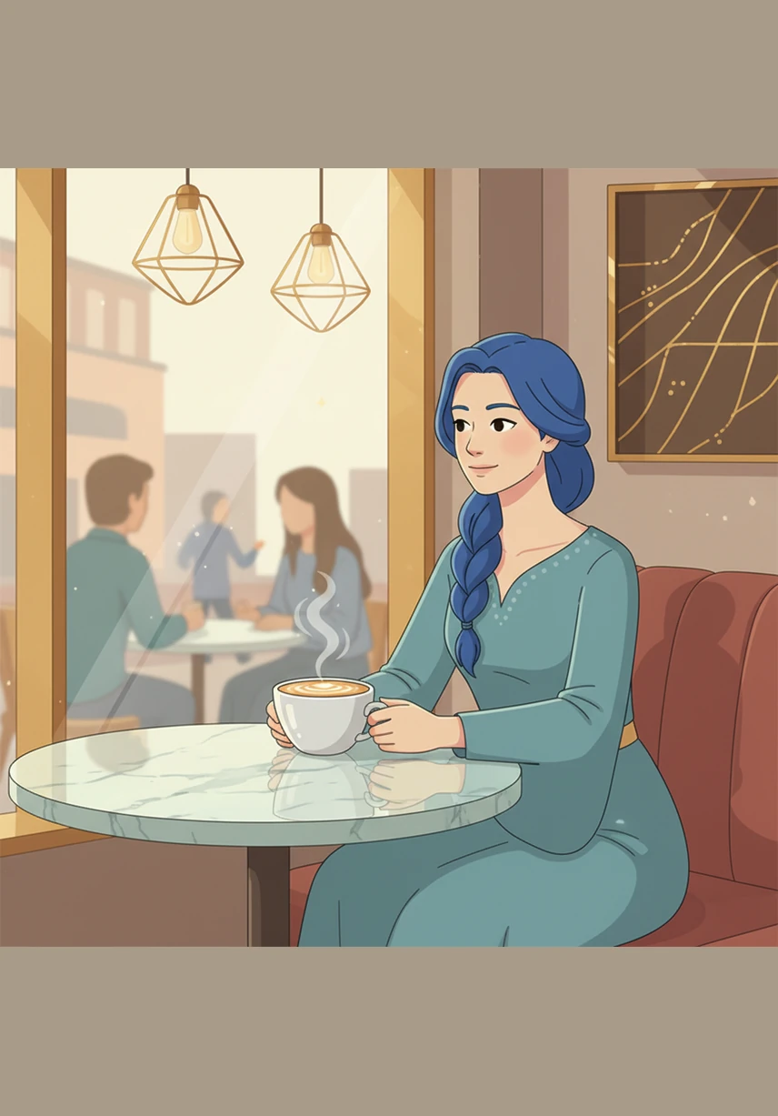 On the cool marble table, a perfectly crafted latte sits in a porcelain cup, its steam rising in delicate swirls under the golden light. Elena watches the world go by outside the glass, finding a rare sense of stillness as she savors the rich, bold flavors of her drink while the golden accents of the room shimmer around her.