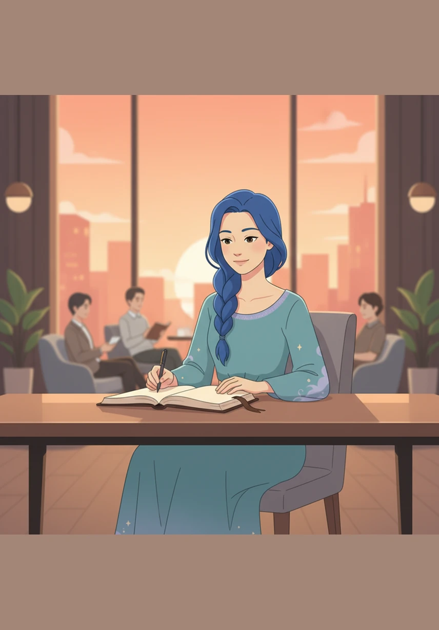 Inspired by the peaceful atmosphere, Elena opens her leather-bound journal to capture a fleeting thought as the sun begins to set. Surrounded by the quiet luxury of the modern sanctuary, she realizes that this brief pause is exactly what her creative spirit needed to flourish in the heart of the busy city.