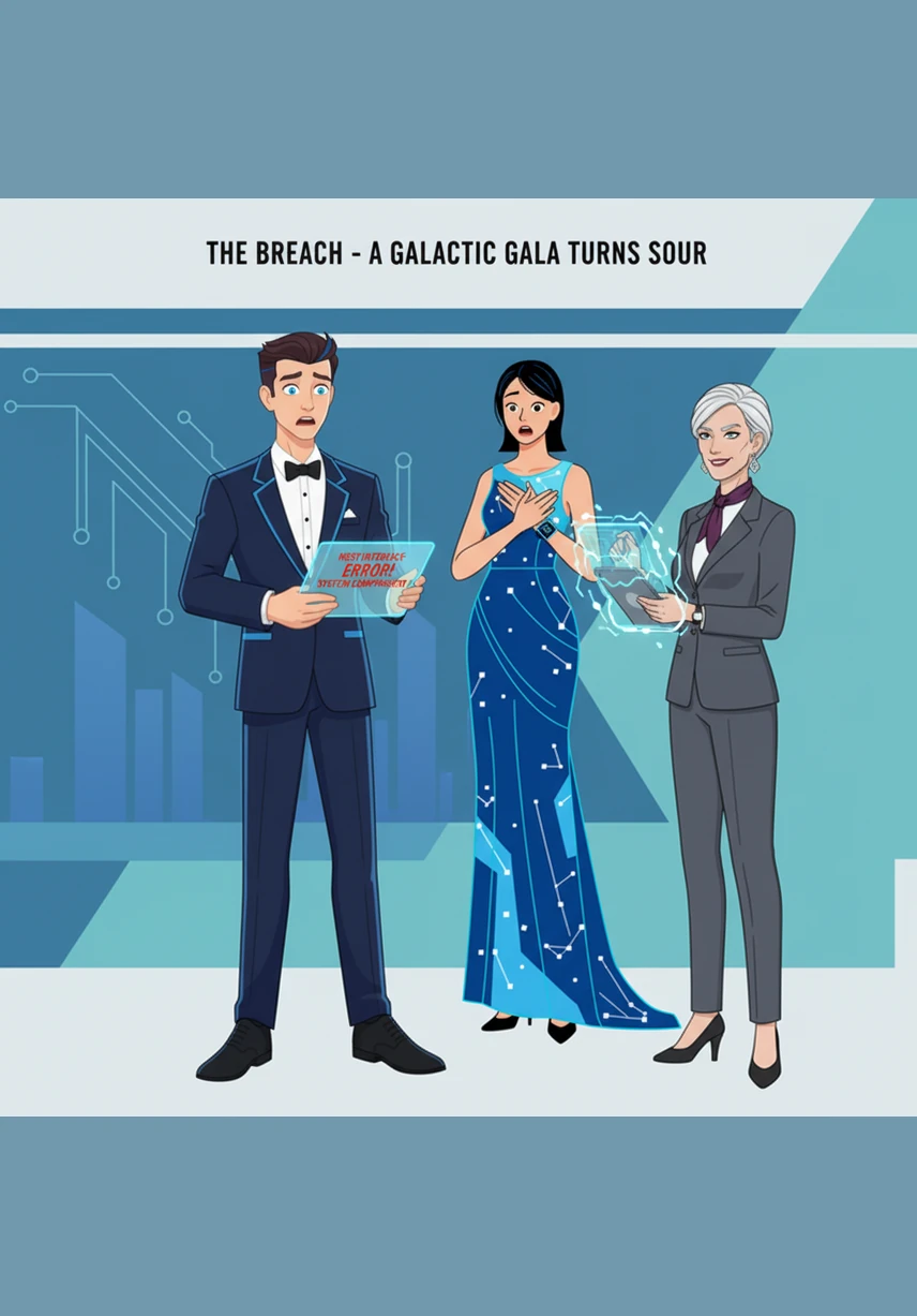 Her stepmother, Madam Vane, handed Ella a massive pile of data to sort through before the grand Midnight Gala. Lexi and Mia laughed as they showed off their designer gowns and holographic accessories, leaving Ella alone with her flickering monitors and cold coffee.