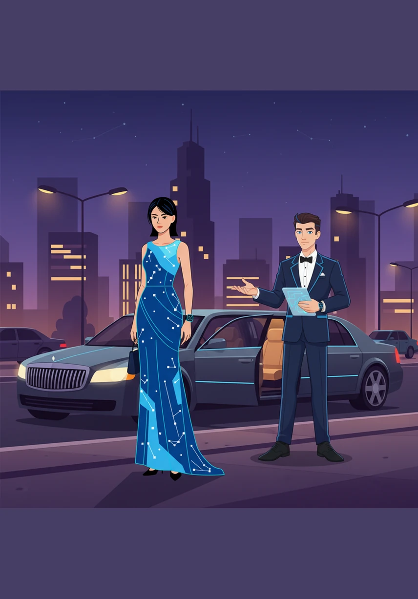 With Fay’s advanced algorithms, Ella’s simple work clothes were transformed into a stunning dress made of woven fiber-optics that glowed with a soft blue light. A sleek, self-driving car arrived at the curb, ready to whisk her away to the most exclusive event of the year.