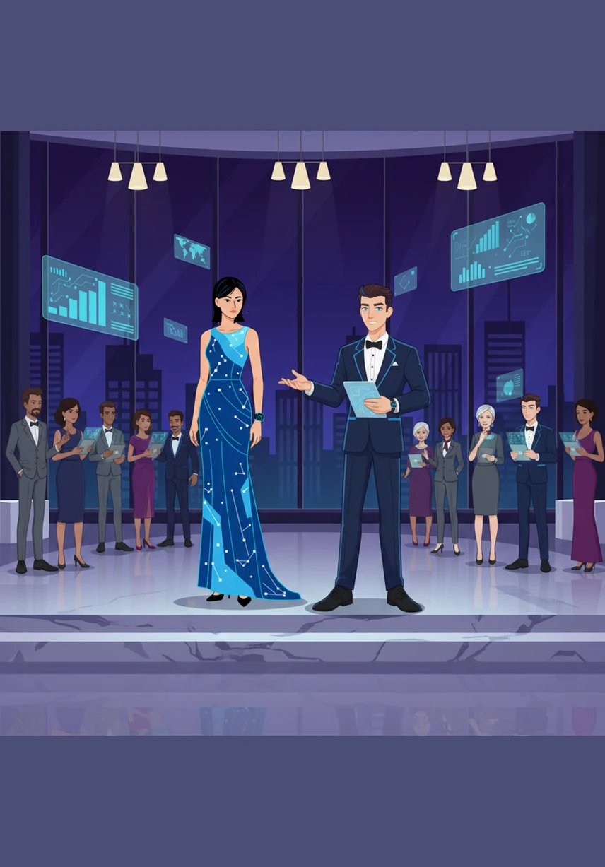 Ella stepped into the grand ballroom, her dress shimmering like a captured constellation against the dark glass of the skyscraper. Julian, the city’s most brilliant young innovator and host of the gala, was immediately drawn to her mysterious presence and sharp wit.