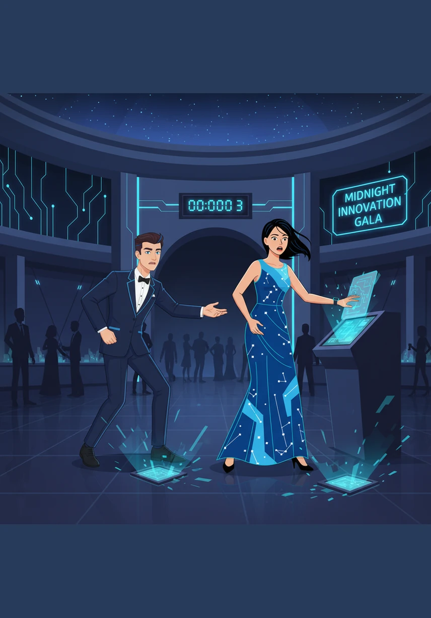 As the clock neared midnight, a red warning flashed on Ella's wrist—the prototype's battery was failing. She realized she had to leave before her high-tech disguise faded and the digital invitation expired, leaving her vulnerable to her stepmother's discovery.