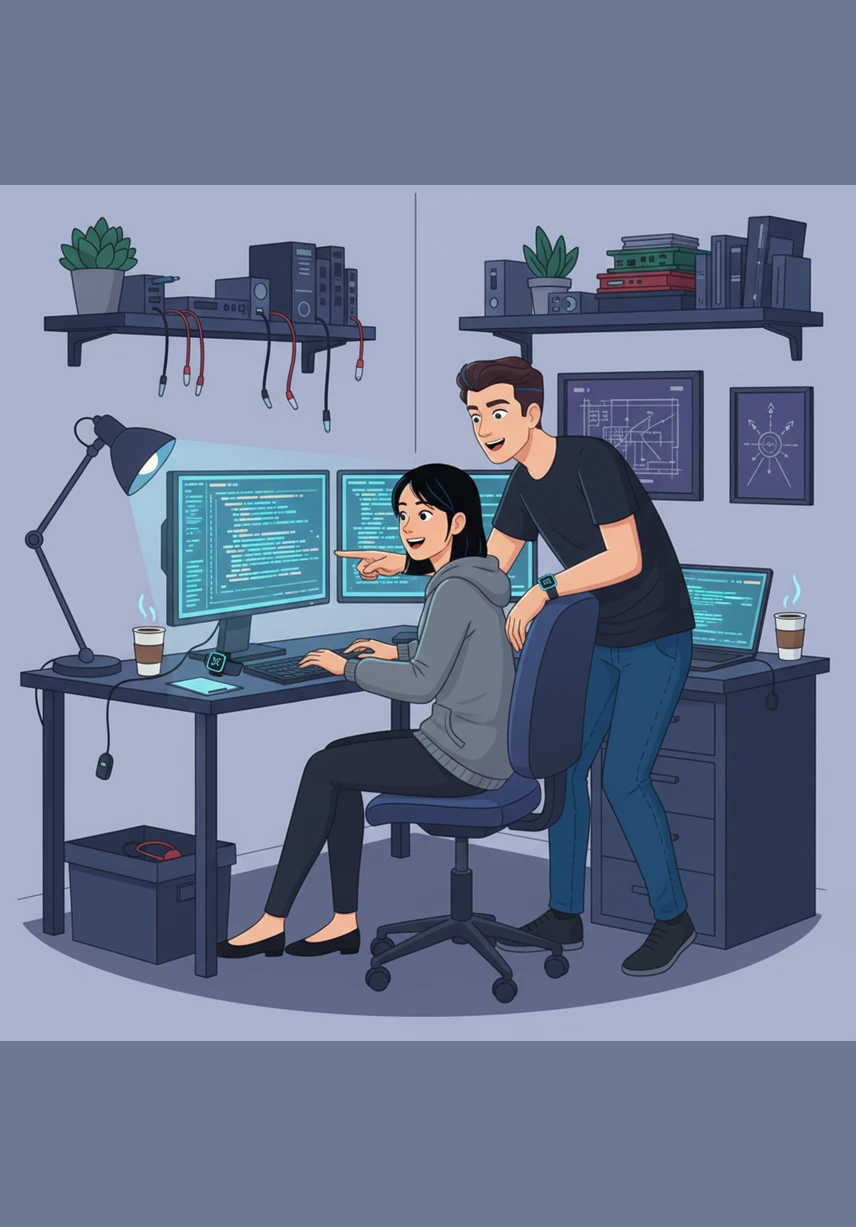 Julian finally arrived at the small office corner and found Ella working on the very code that powered the watch. They decided to partner up to launch a new tech startup together, proving that true talent and a kind heart are the most powerful magic of all.