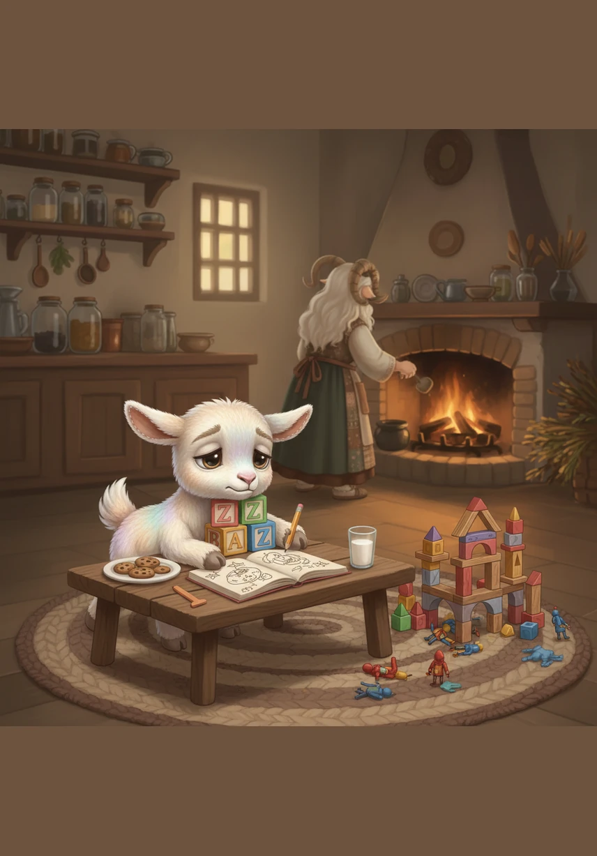 Her brother Max, a fluffy young goat, sulks on the rug and rolls back and forth like a sleepy caterpillar. He groans about the many days of nothingness, his hooves waving aimlessly in the air as he sighs at the ceiling.