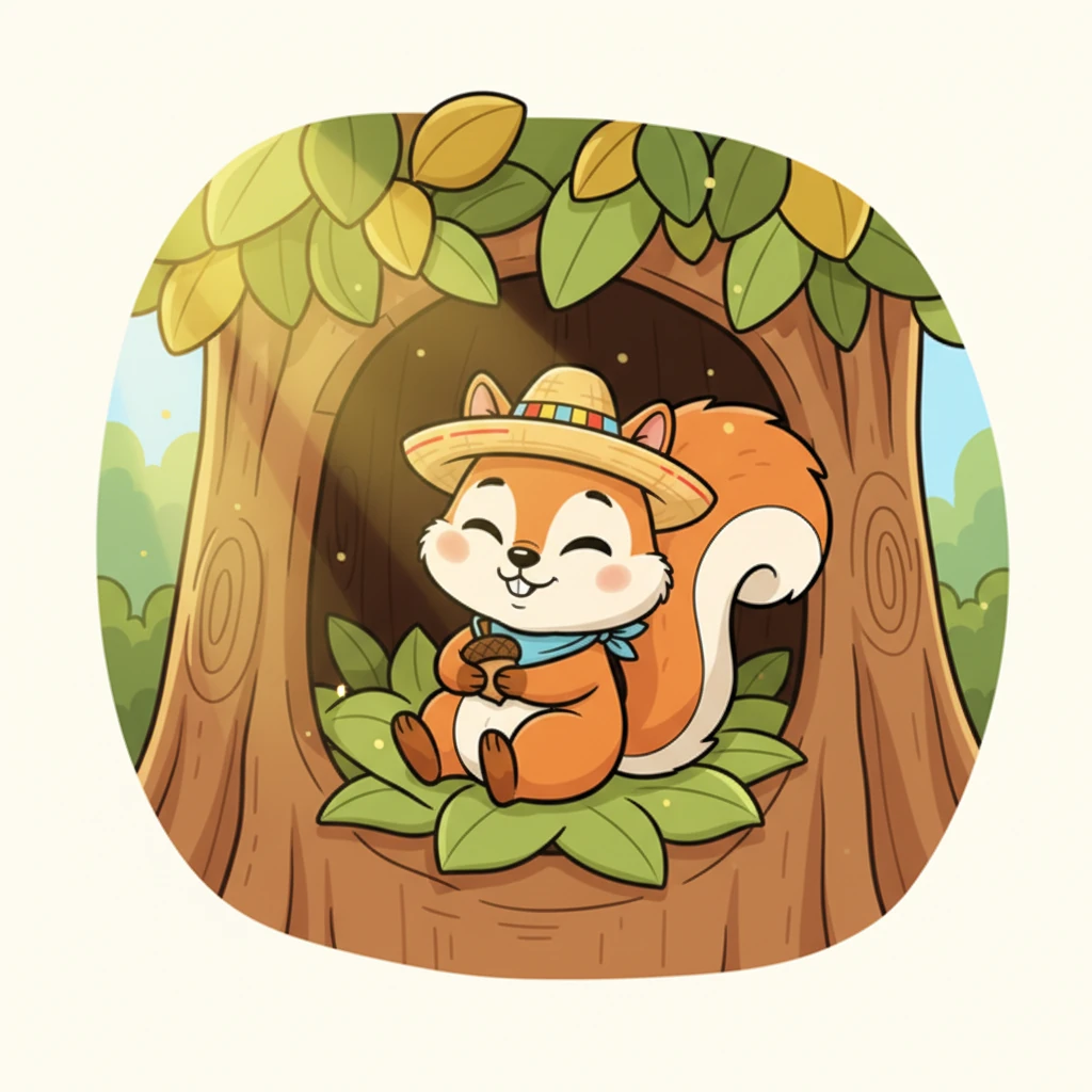 En el tranquilo bosque, Rumí la ardilla disfruta de una mañana suave. La luz del sol se filtra entre las hojas, y una brisa susurra secretos entre los árboles. El acogedor hueco de Rumí se siente seguro y cálido.
